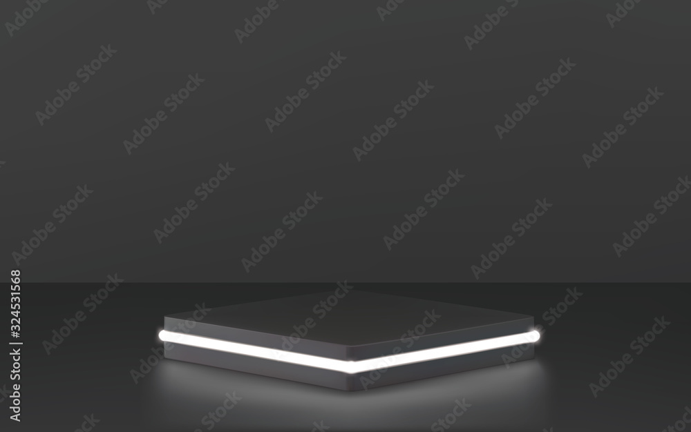 Round podium, pedestal or platform, illuminated by led spotlights. Vector illustration. Bright black podium. Advertising place. Blank product stand background for product presentation.
