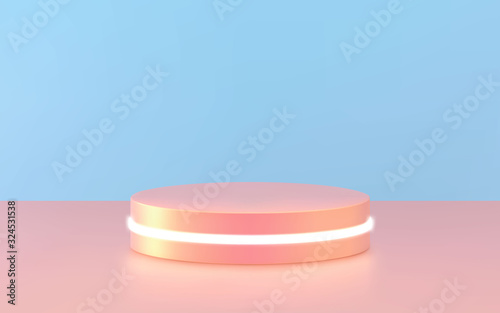 Round podium, pedestal or platform, illuminated by led spotlights. Vector illustration. Bright podium. Advertising place. Blank product stand background for product presentation.
