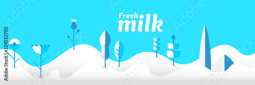Modern poster fresh milk with splashes on a light blue background. Vector illustration