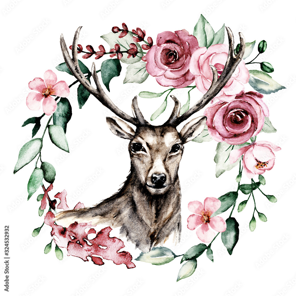 Obraz Deer head antlers with watercolor flowers pink roses and leaf. Sketch stag, animal illustration. Isolated on white. Hand drawing for printing design, tattoo and other.