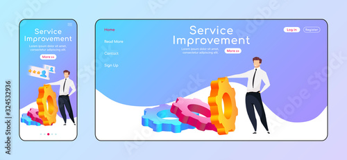 Service improvement adaptive landing page flat color vector template. High rating mobile and PC homepage layout. Man reclining to gear one page website UI. CRM software webpage cross platform design photo