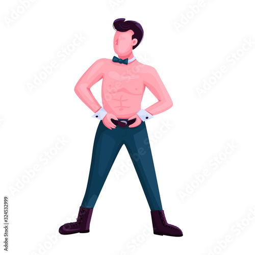 Male strip dancer flat color vector faceless character. Alluring dance attractive performer. Man with naked torso isolated cartoon illustration for web graphic design and animation