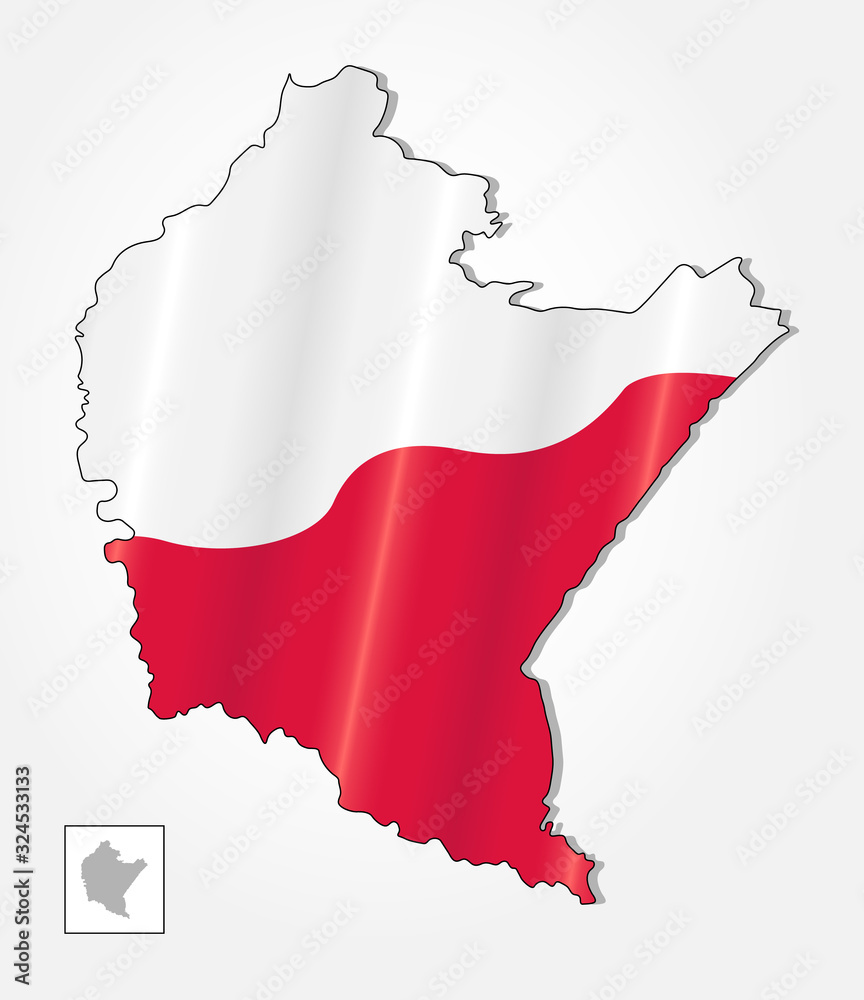 Fototapeta premium Map of Poland voivodeship Subcarpathian combined with waving Polish national flag. Silhouette or borders for geographic themes - Vector
