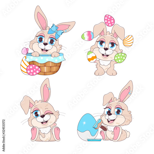 Cute playful Easter bunnies kawaii cartoon vector characters set. Pascha holiday greeting card design elements. Adorable and funny rabbits decorating eggs. Isolated sticker  patch collection on white