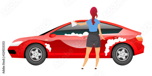 Lady washing car flat color vector faceless character. Young woman polishing sedan with rag isolated cartoon illustration for web graphic design and animation. Girl in casual clothes cleaning auto