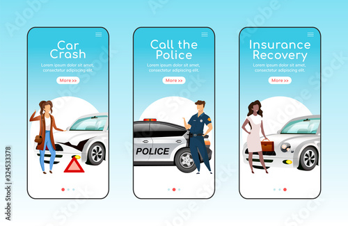 Auto emergencies onboarding mobile app screen flat vector template. Traffic accidents protection. Walkthrough website steps with characters. UX, UI, GUI smartphone cartoon interface