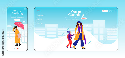 Warm clothing landing page flat color vector template. Mobile display. Mother with son go to school homepage layout. Rainy day one page website interface, cartoon character. Wet weather web banner