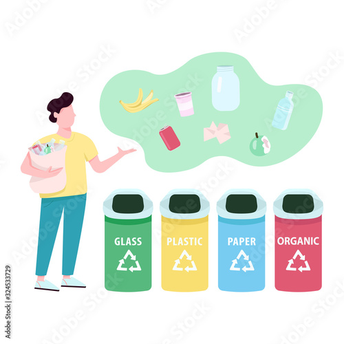 Trash sorting flat concept vector illustration. Waste management, garbage segregation and recycling. Man separating rubbish 2D cartoon character for web design. Zero waste lifestyle creative idea