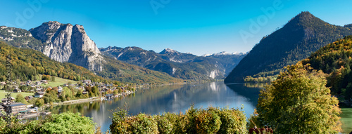 alpine, alps, austria, blue, elm, eu, Styria, Austria - A beautiful view over the Grundlsee, to the Totem Mountains and the pyramid-shaped summit of the Elm 2128m, on a sunny cloudless day in October.