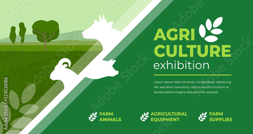 Design concept for agriculture exhibition, fair. Identity for farm animals show, livestock, agro conference. Vector illustration with sign of cow, pig, ram. Template for flyer, poster, banner, ticket