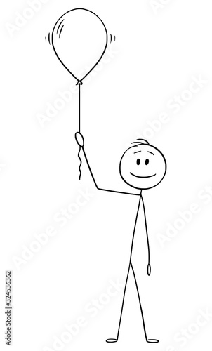 Vector cartoon stick figure drawing conceptual illustration of happy man or businessman holding inflatable party balloon or helium air ball.