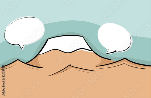 Conversation bubble on mountain, covered with snow and blue sky background. Doodle style.