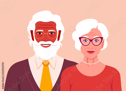 Grandfather and grandmother are smiling. Portrait of happy old people. Retired couple. Vector flat illustration