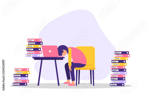 Tired woman at a laptop. Fatigue due to a lot of work. Overloaded work day or schedule. The woman who dropped her head on the table from exhaustion. Vector illustration on an isolated background.