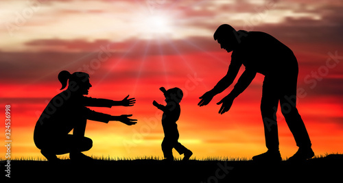 Baby first steps. Family event baby goes to mom. Silhouette vector illustration. (Clipping mask)