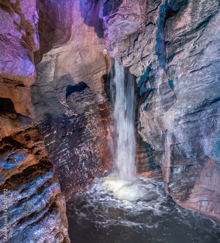 Fototapeta Naklejka Na Ścianę i Meble -  large panoramic view of Varone Falls (Cascate del Varone) - waterfalls located in the town of Tenno, next to Riva del Garda. Italy