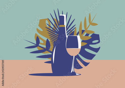 Elegant wine bottle with a wine glass and gold and blue leaves in minimal art deco style