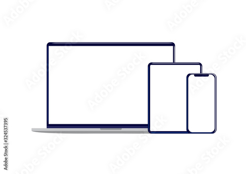 Vector illustration of mockups of modern laptop, tablet and phone with blank screens with copy space isolated on white background