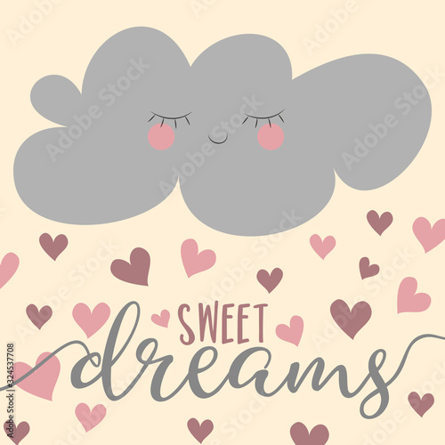 Sweet dreams- calligraphy with cute cloud with hearts. Baby room decor nursery prints, wall art, and poster.