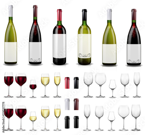 Full and empty wine glasses. Red and white wine bottles.