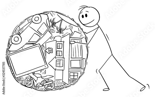 Vector cartoon stick figure drawing conceptual illustration of man or businessman rolling ball of his wealth or property like dung beetle.