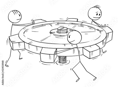 Vector cartoon stick figure drawing conceptual illustration of group or business team of men or businessmen pushing big cog or geared wheel together. Concept of teamwork.