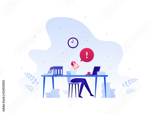 Business deadline overworking concept. Vector flat people illustration. Woman holding head while sitting at table and working at laptop. Exclamation mark. Design element for banner, poster, background