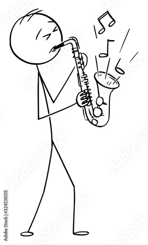 Vector cartoon stick figure drawing conceptual illustration of man or musician playing music on saxophone.