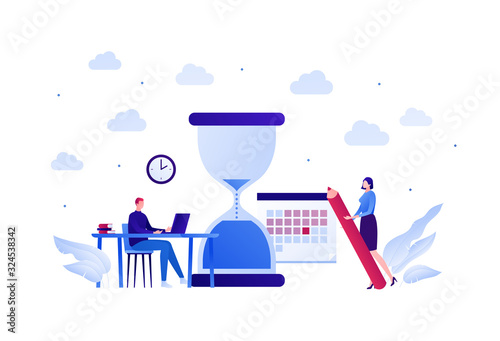 Business deadline overworking concept. Vector flat person illustration. Female holding red pen and male working at laptop. Hourglass and calendar sign. Design element for banner, poster, background