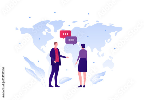 Business global communication concept. Vector flat person illustration. Male in suit talking with female. World map and talk bubble sign. Design element for banner, poster, background.