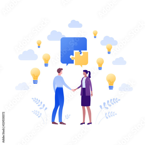 Business teamwork success concept. Vector flat people illustration. Male and female employee handshake. Puzzle and lightbulb sign. Design element for banner, poster, background.