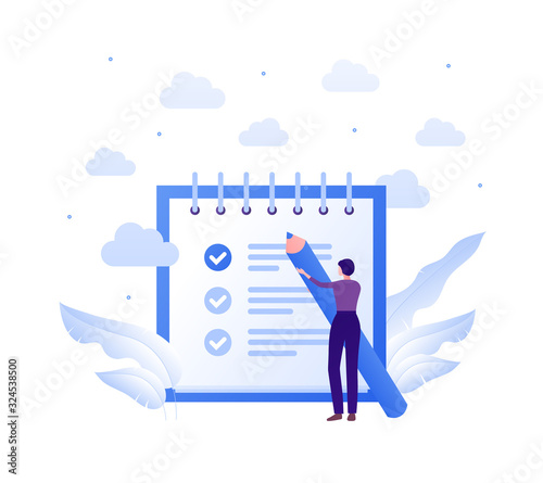 Business task management concept. Vector flat people illustration. Woman holding big blue pen. To-do list and check mark sign. Design element for banner, poster, background.