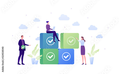 Business team task management concept. Vector flat people illustration. Businessman in suit and females with laptop and piece of puzzle. Check mark sign. Design element for banner, poster, background.