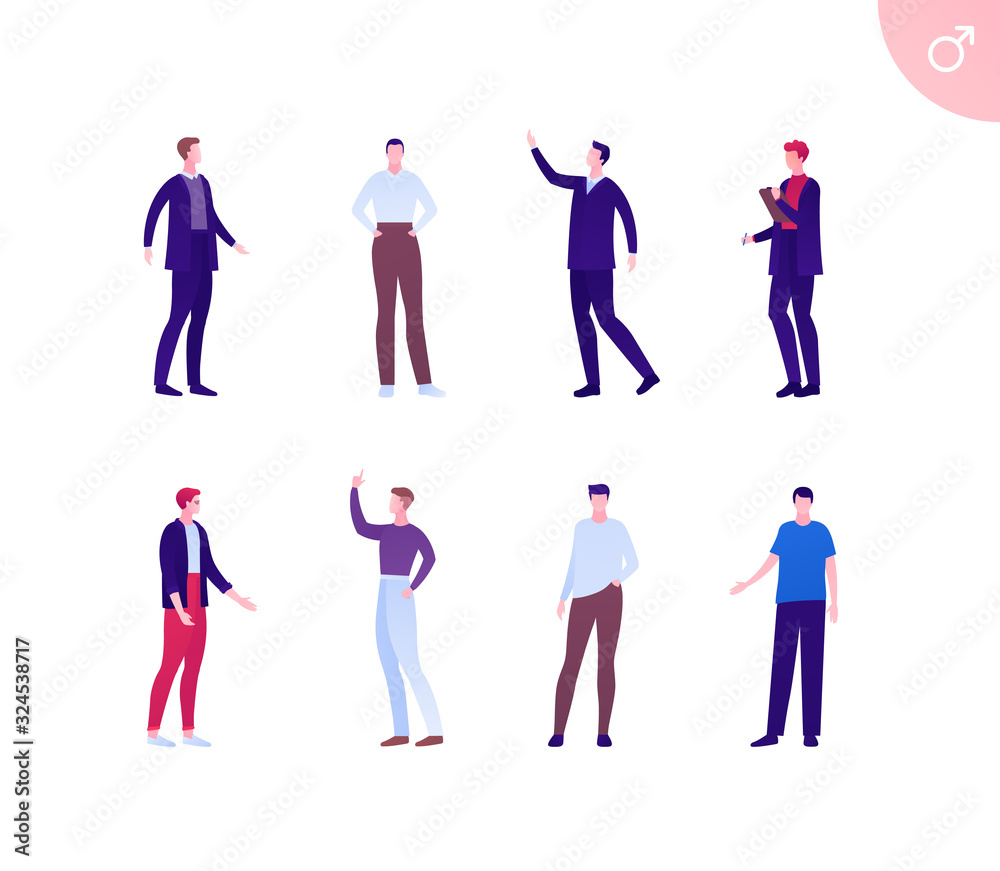 Business male caucasian american people set. Vector flat person illustration. Group of corporate men in different cloth and poses. Design element for banner, poster, background, sketch, art.