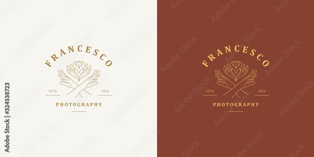 Female hands gesture line and rose flower vector logo emblem design template illustration simple minimal linear style Female hands gesture line and rose flower vector logo emblem design template illustration simple minimal linear style