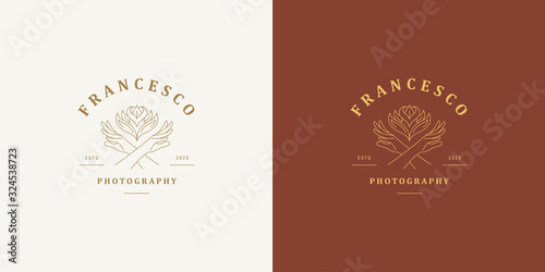 Female hands gesture line and rose flower vector logo emblem design template illustration simple minimal linear style