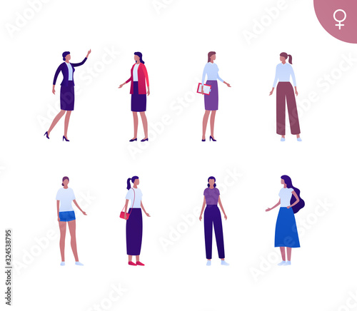 Business female hispanic ethnic people set. Vector flat person illustration. Group of dark skin corporate women in different cloth and poses. Design element for banner, poster, background, sketch, art
