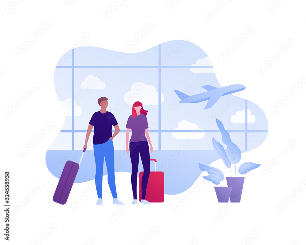 Travel around world by airlines concept. Vector flat person illustration. Family couple in airport hall with tourist bags. Airplane sign. Design element for banner, background, sketch, art.