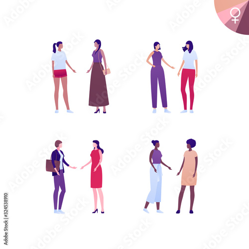 Citizen female diverse ethnic people set. Vector flat person illustration. Group of women in casual and fashion cloth with shopping bags. Design element for banner, poster, background, sketch, art