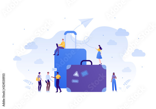 Travel around world concept. Vector flat person illustration. Group of multienthic male and female people with luggage tourist bags. Paper airplane. Design element for banner, background, sketch, art.