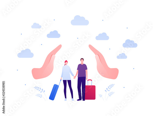 Travel and airlines insurance concept. Vector flat person illustration. Family couple of man and woman with tourist bags. Big human hands sign. Design element for banner, background, sketch, art.