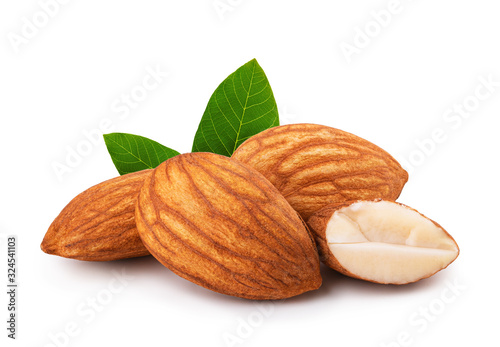 Canvas Almonds with leaves isolated on white background