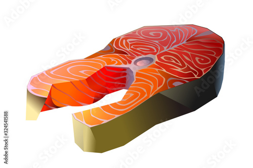 single juicy steak of sea trout or salmon, red fish meat for frying, restaurant menu decoration, healthy seafood, color vector illustration in clip art or cartoon style isolated on white background