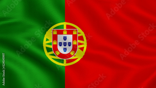 Flag of Portugal . Realistic waving flag 3D render illustration with highly detailed fabric texture.