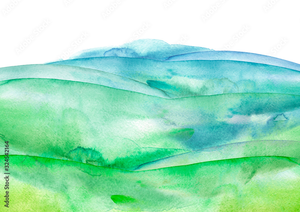 Watercolor green, blue background, blot, blob, splash of green paint ...