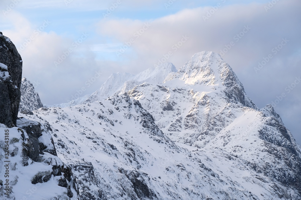 Peaks of norway. Typical lofoten islands landscape During winter. lofoten is a dreamy destination for photographers with a lot of mountains and beaches.