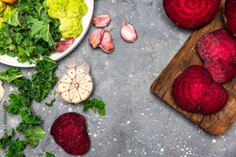 Clean Eating and Organic Vegetables Concept. Food Background. Flat Lay Top Down View Clean Eating and Organic Vegetables Concept. Food Background. Flat Lay Top Down View