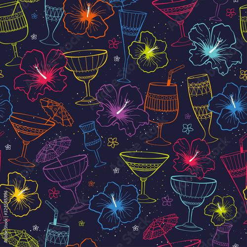 Cute hand drawn exotic flowers and cocktails seamless pattern, tropical background, great for banners, textiles, wallpapers, wrapping - vector design