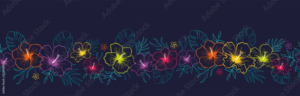 Cute hand drawn exotic flowers horizontal seamless pattern, tropical background, great for banners, textiles, wallpapers, wrapping - vector design - obrazy, fototapety, plakaty 