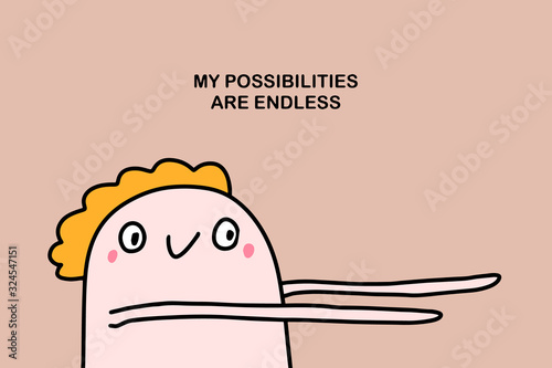 My possibilities are endless affirmation illustration in cartoon comic style man long arms